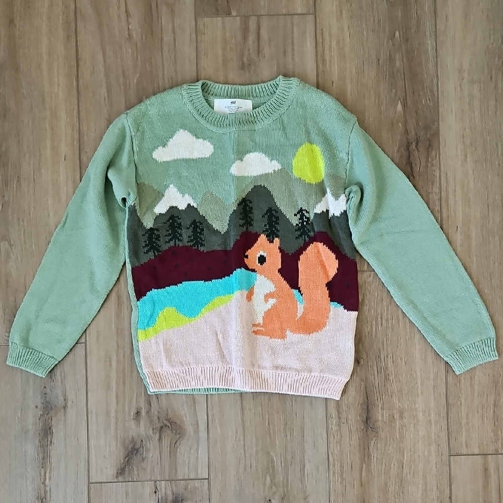 Green Sweater with Squirrel and Nature Scene